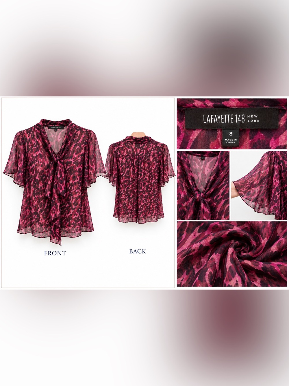 Lafayette 148 New York Magenta Leopard-Print Tie-Neck Chiffon Blouse